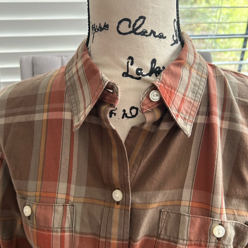 Lauren jeans Ralph Lauren Brown and Orange Plaid Shirt Women’s size M used - Picture 2 of 16